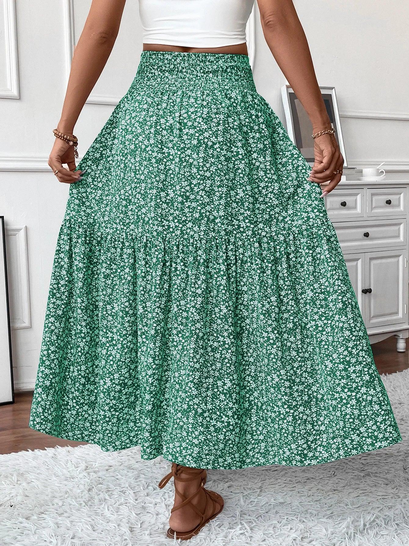 Women Floral Pleated Skirt – Retro High Waist Long Skirt for Stylish Casual Beach Wear