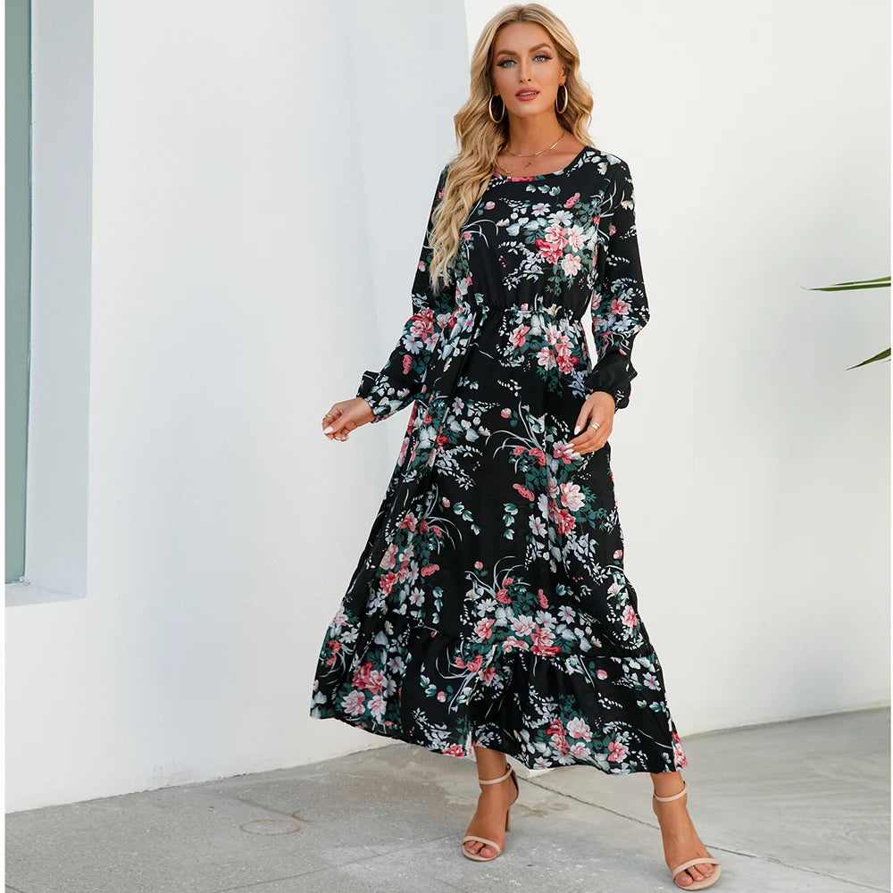 👗 Women’s Bohemian Maxi Dress – Spring Autumn Casual Chiffon Dress with Full Sleeves, High Waist, and Floral Print
