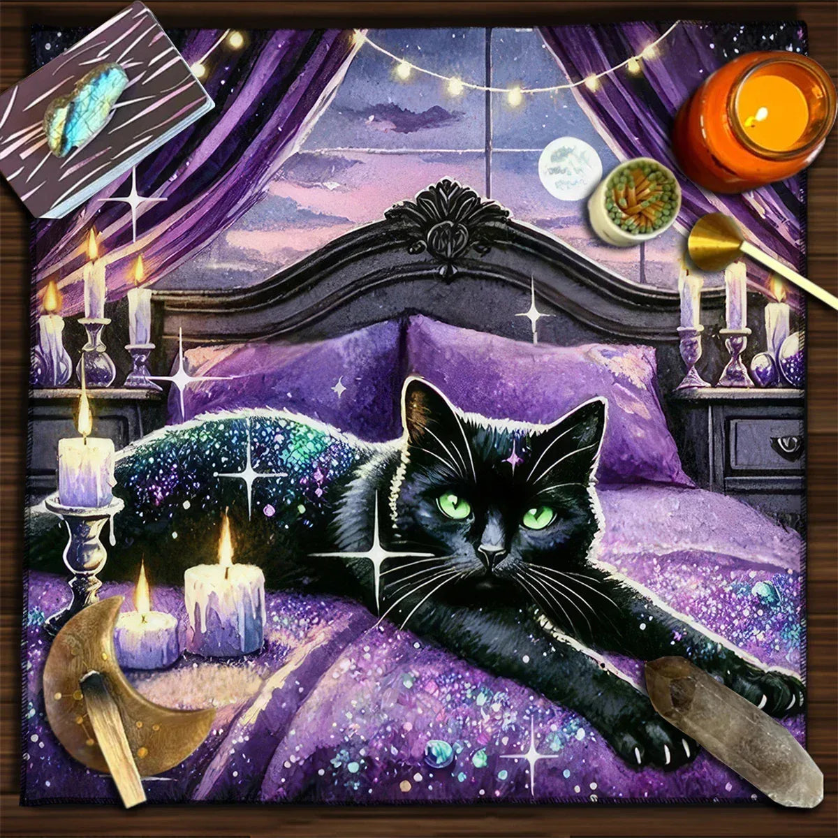 🔮Colorful Mandala Black Cat Altar Cloth – Tarot Tablecloth with Moon & Starry Sky for Witchcraft, Divination & Mystical Home Decor TLB (878)