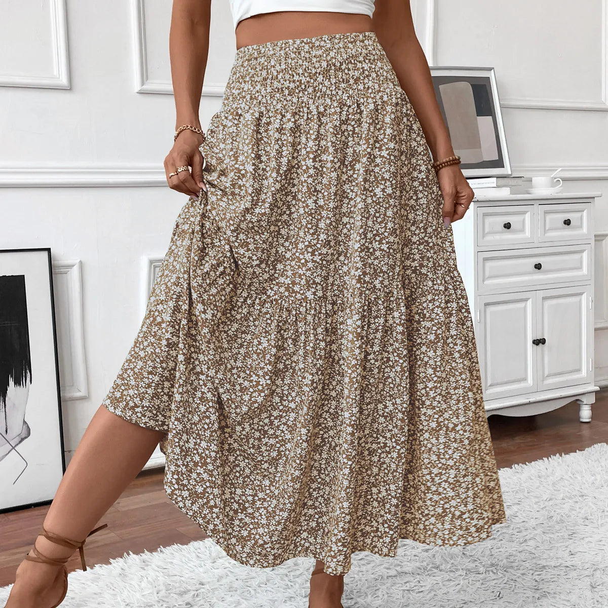 🌟 Women New Classic Printed Skirt Retro High Waist Long Skirt Casual Stylish Loose Beach Skirt Elegant Ladies Floral Pleated Skirt﻿