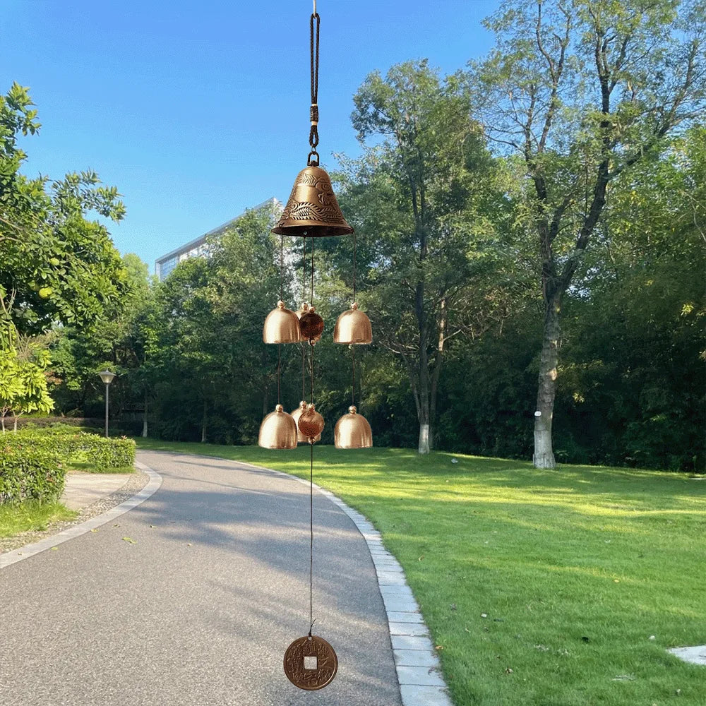 Double Metal Bell Pendant Wind Chime – Brass Finish Decorative Hanging Bells for Home and Patio with Protective Harmony light green