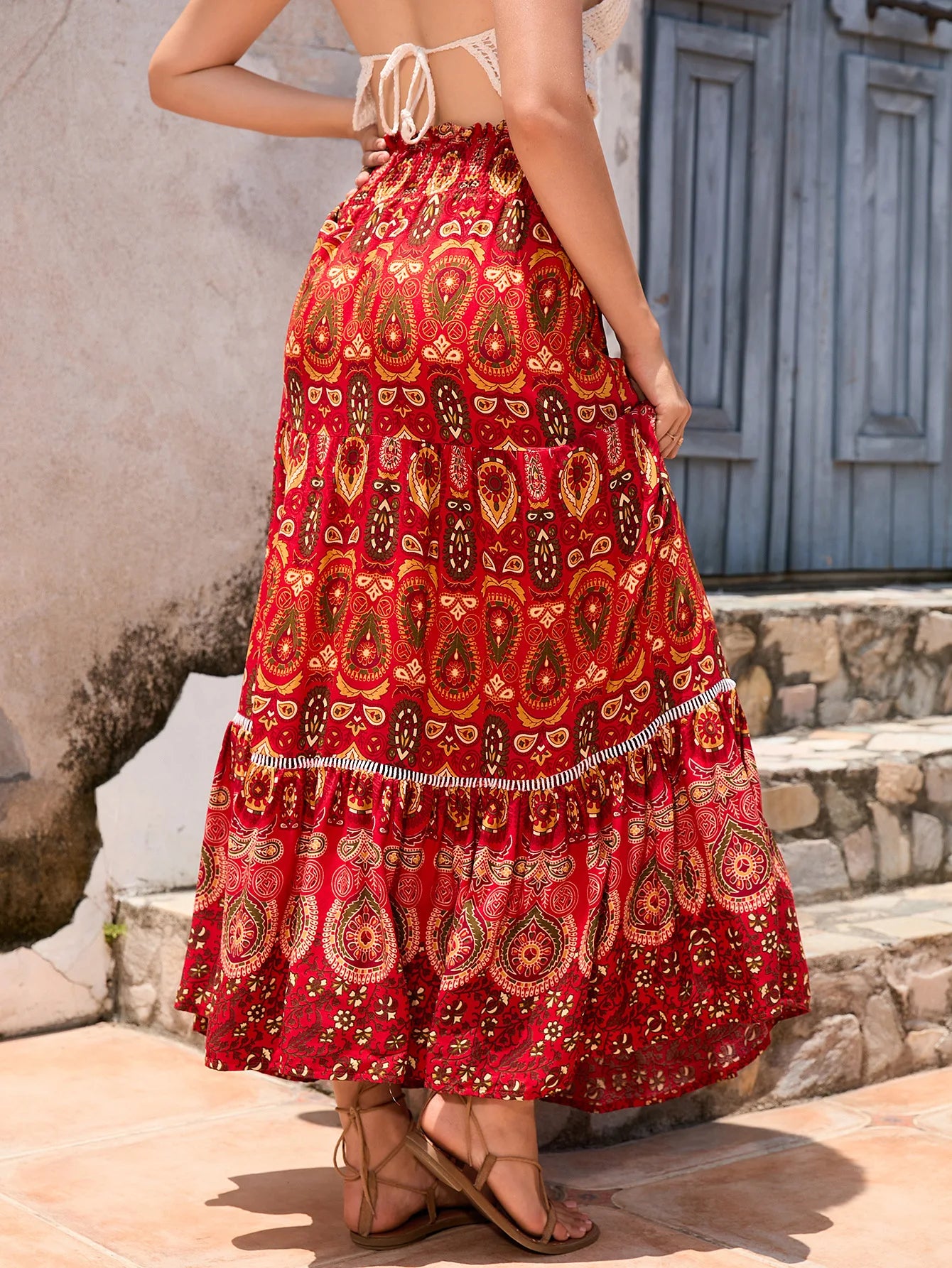 🛍️ Bohemian Printed Skirt – Ethnic Splicing A-Line Long Skirt for Women’s Holiday and Beach Travel
