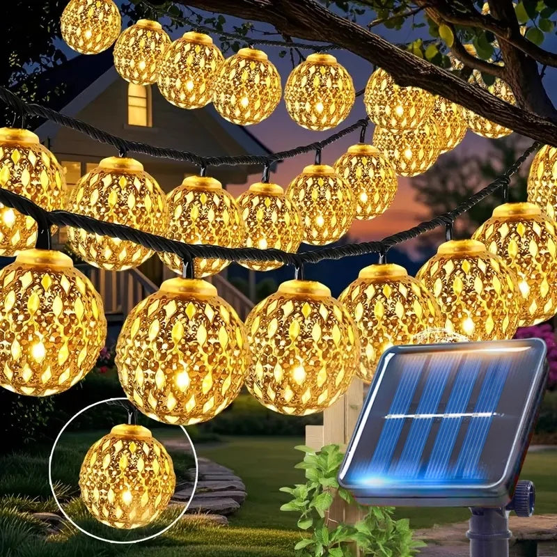 Solar Moroccan Ball String Lights – Multi-Mode Waterproof LED Fairy Lights for Festive Outdoor Ambiance and Garden Decor Warm