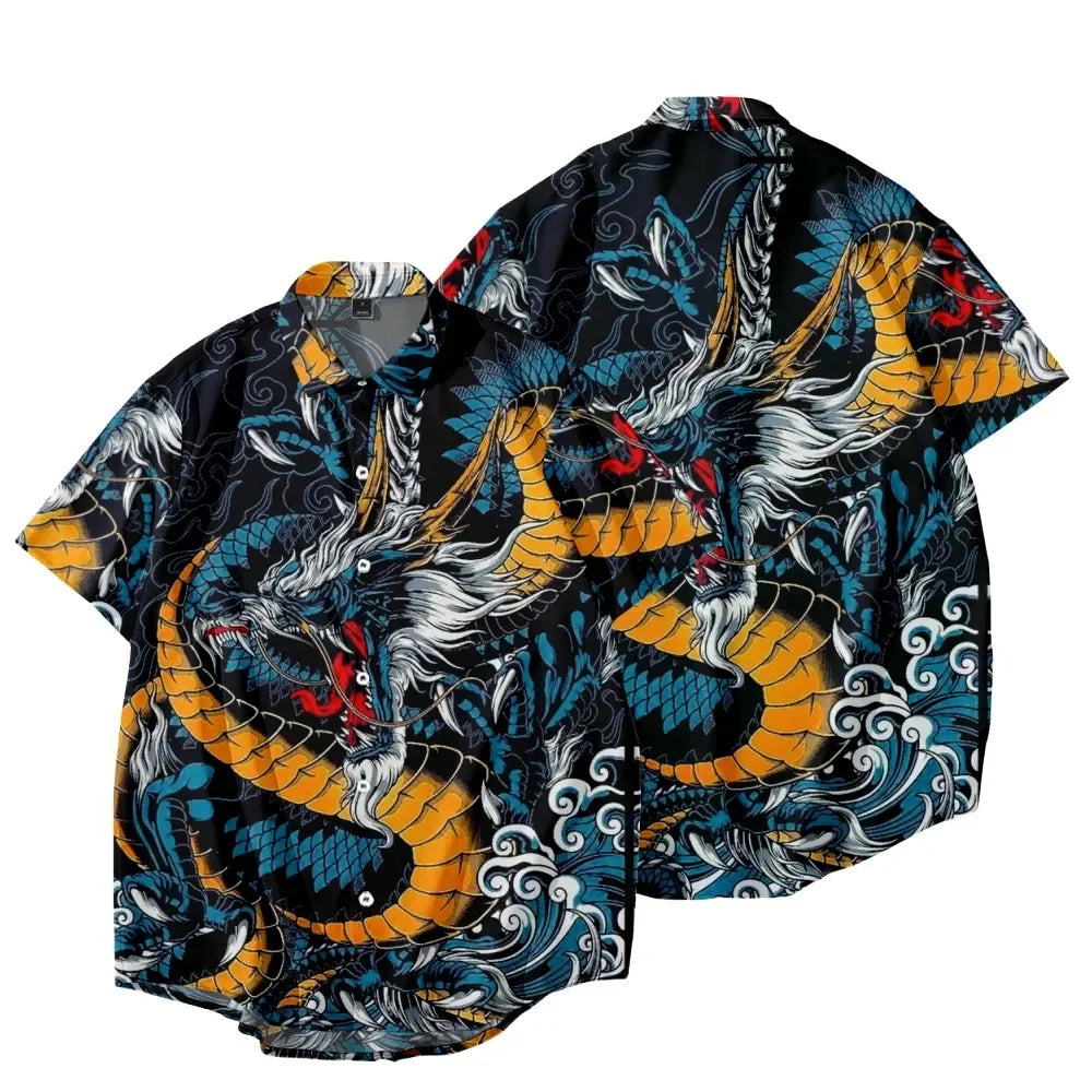 🐉 The Draconian Legacy: Premium Men’s Y2K Vintage Dragon Print Hawaiian Shirt – High-Definition Oriental Dragon Graphic, Ultra-Breathable Performance Fabric, and Sophisticated Urban Social Wear Short-Sleeve Button-Down (S-5XL)