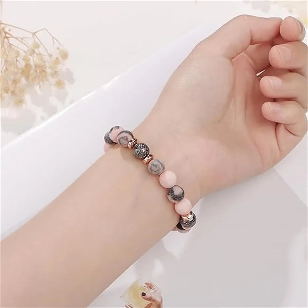 ✨ Pink Zebra Natural Stone Bracelet – Elegant Crystal Jewelry with Gift Card – Perfect Gift for Special Occasions