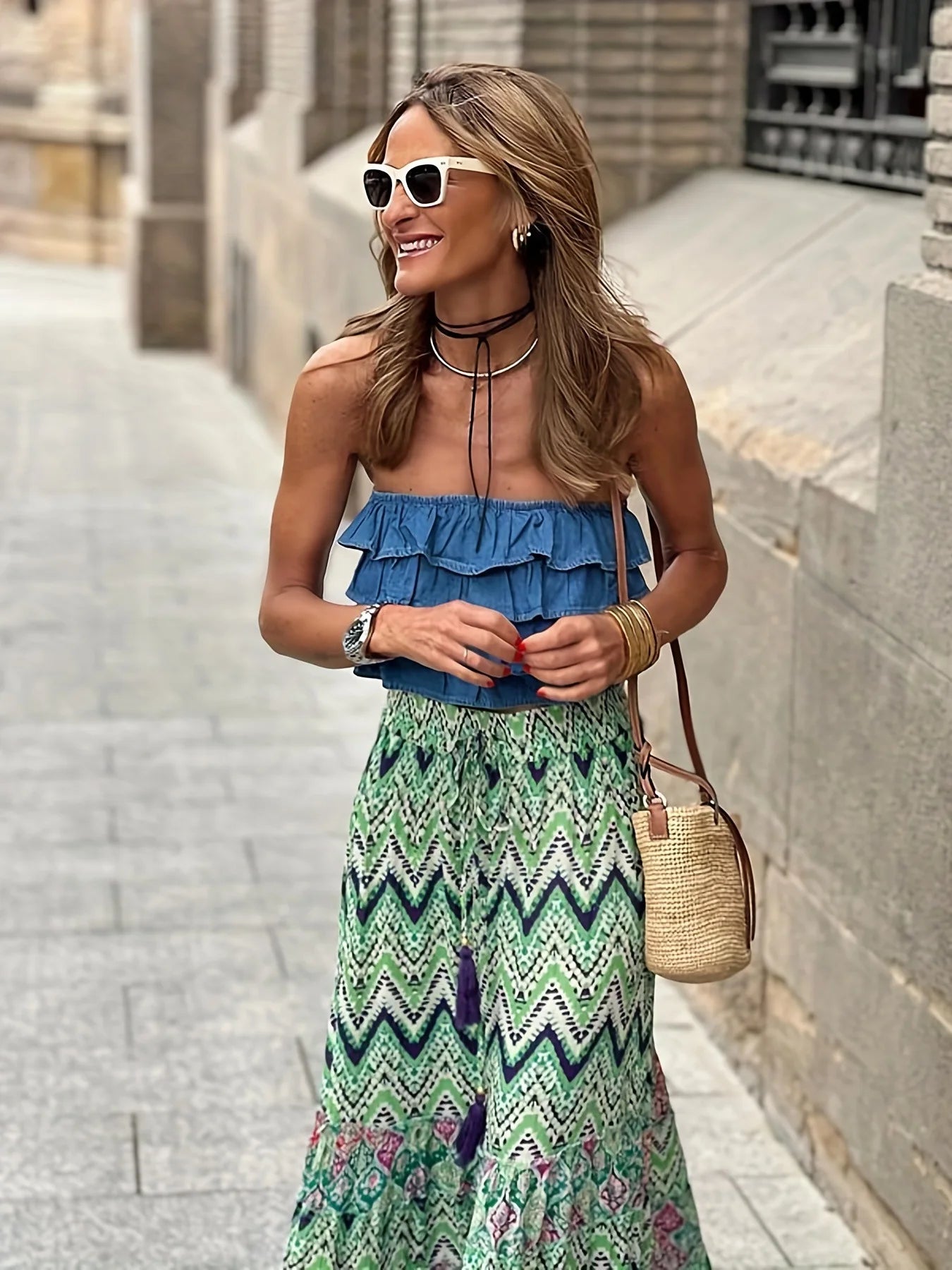 🌟 Elegant Women Green Print Elastic Waist Skirt Spring Summer Femme Patchwork Slim Skirt Streetwear Casual Ankle-Length Long Skirt﻿