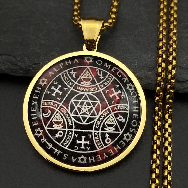 ✨ Key of Solomon Sigil Glass Round Medal Necklace – Stainless Steel Gold Color | Archangel Kabbalah Talisman Jewelry for Women & Men GD