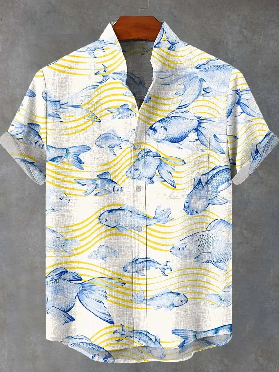 🐟 The Retro-Angler Mandarin Edition: Premium Men’s Stand-Up Collar Linen Shirt – High-Definition 3D Fish Pattern, Breathable Organic Cotton-Linen Blend, and Sophisticated Vintage Casual Silhouette ZD356