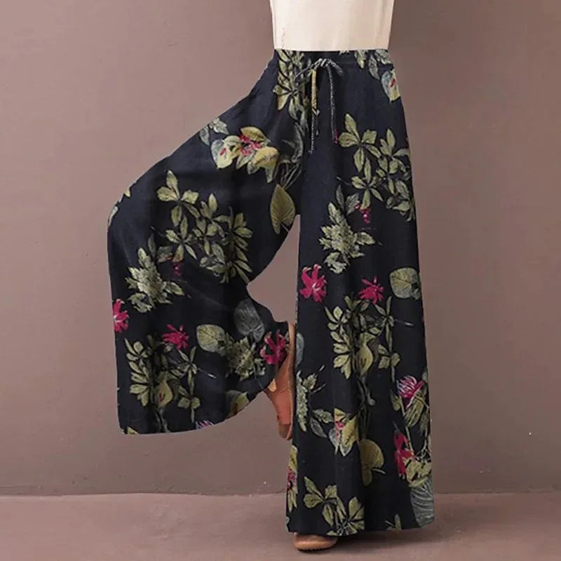 Women's Bohemian Floral Wide Leg Pants - Casual Drawstring Trousers for Spring and Autumn