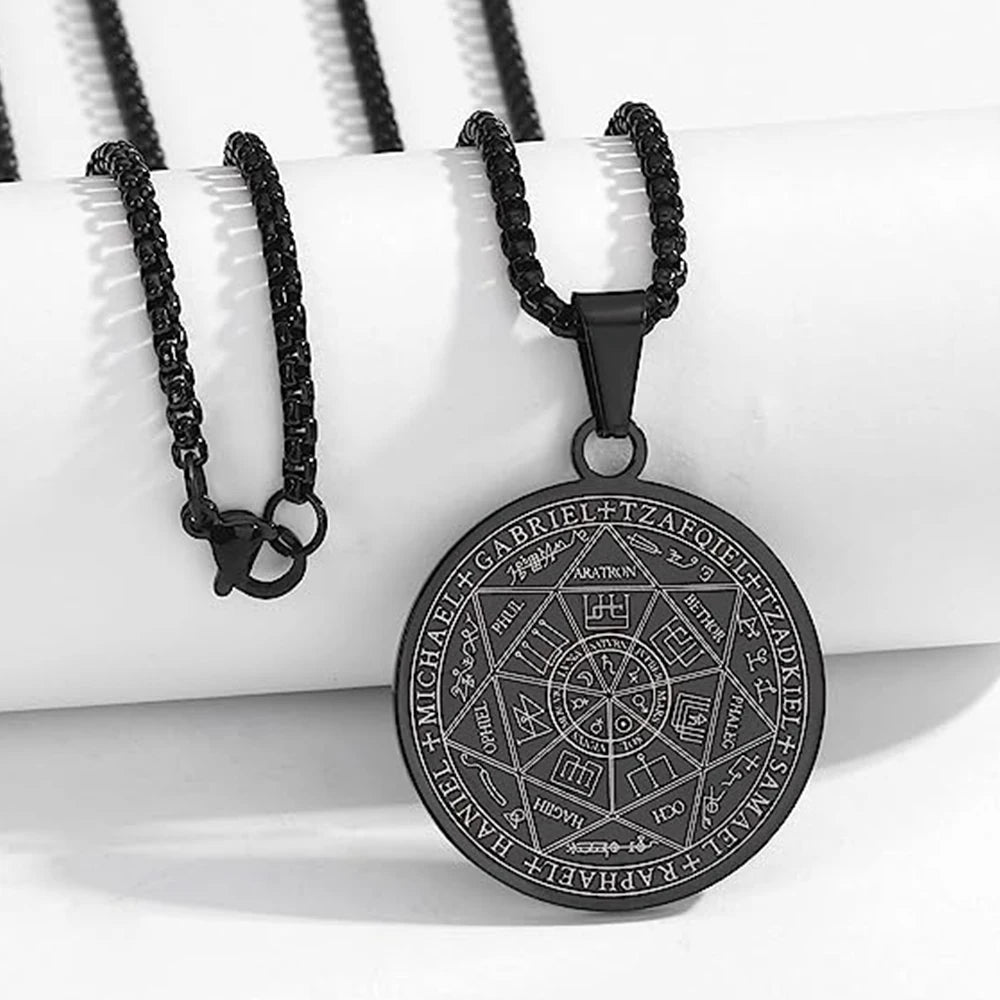 🛡️✨ Supreme 7 Archangels Protection Seal Pendant – Stainless Steel Necklace for Divine Shield & Spiritual Harmony 60cm Black
