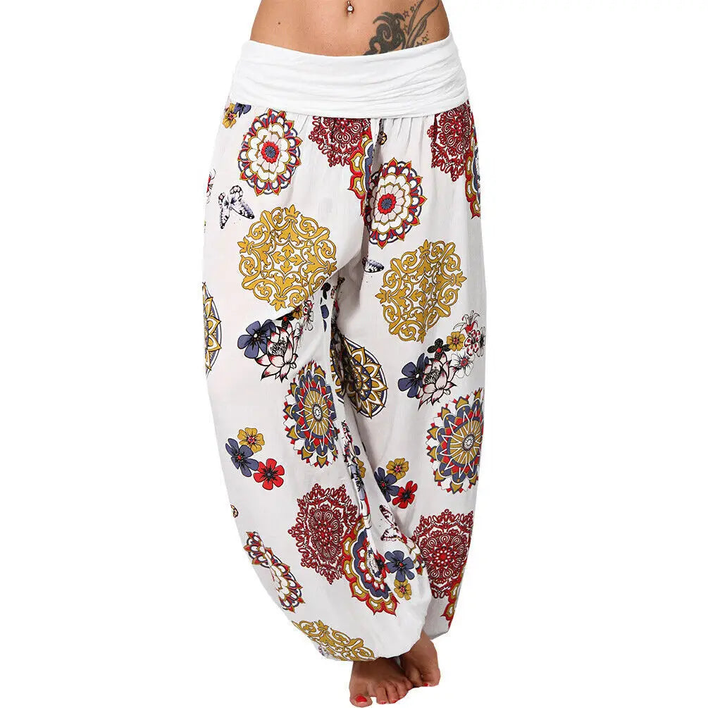 Summer Breeze Floral Harem Pants – Women's Wide Leg Boho Style with Elastic Waist WHITE