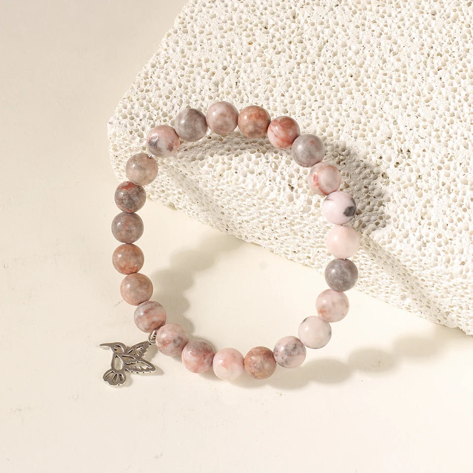 ✨ Cute Pink Zebra Hummingbird Pendant Bracelet – Natural Stone Beads Bangle for Women – Good Luck Jewelry Gift for Girls’ Birthdays