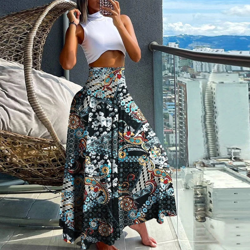 🛍️ Boho Beach Skirt – Vintage Printed Long A-Line Skirt with Elastic High Waist, Big Hem for Women’s Vacation and Spring-Summer Fashion WHITE