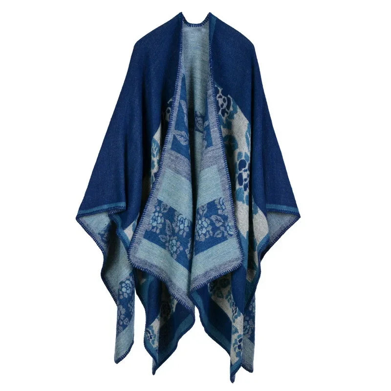 Winter Fashion Poncho Women Capes Scarf Imitation Cashmere Ladies Scarves Warm Shawls Wraps Woman Ponchos Bufanda Mujer Foulard One Size 2Flowers-navy