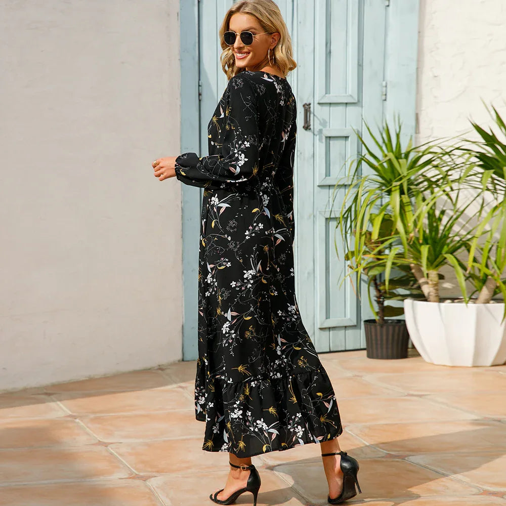 Women’s Bohemian Maxi Dress - Casual Chiffon Dress with Full Sleeves, High Waist, and Floral Print for Spring and Autumn