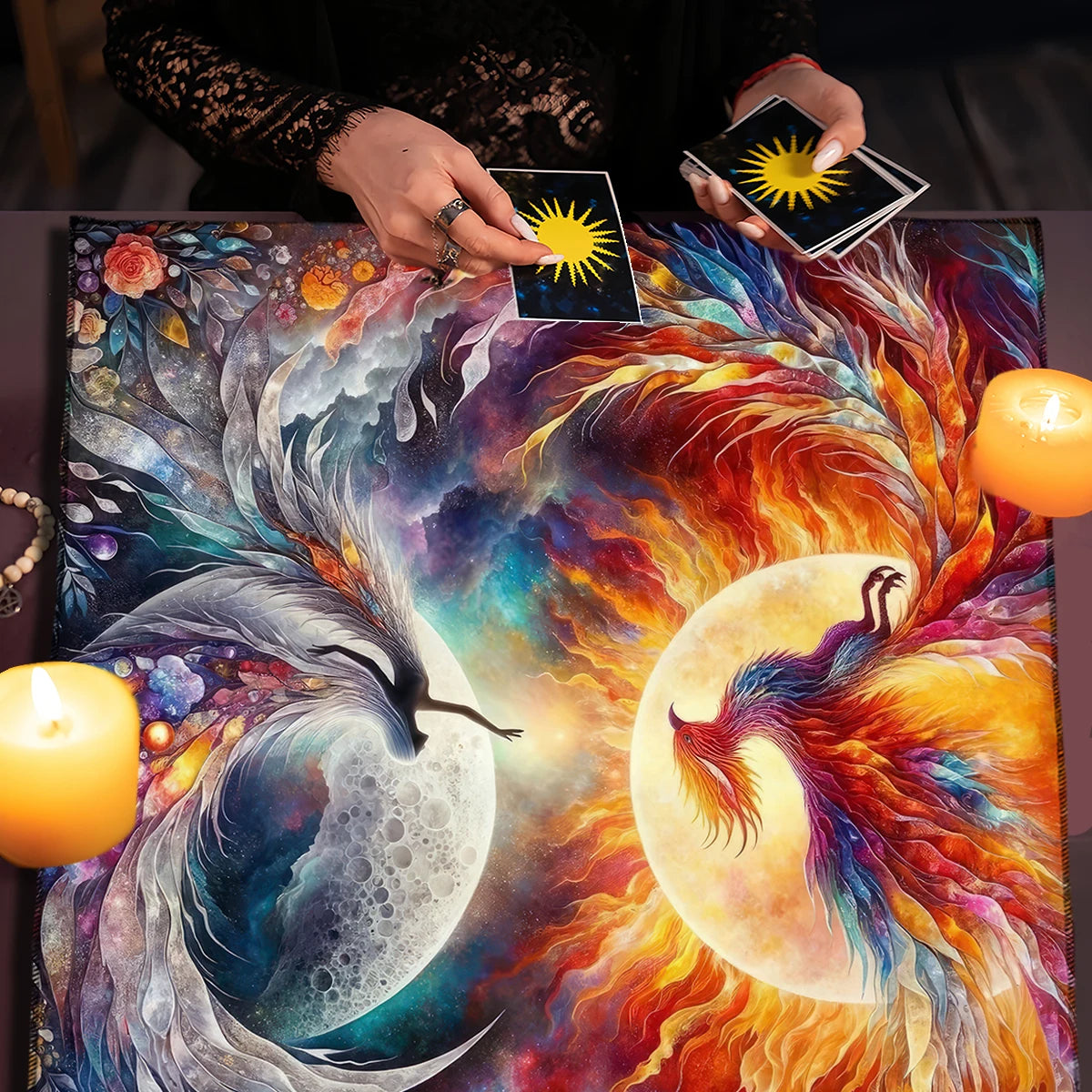 🧿Mystical Sun & Moon Phoenix Tarot Tablecloth – Ice and Fire Phoenix Altar Cloth for Powerful Tarot Readings, Witchcraft & Celestial Home Decor TLB (759)