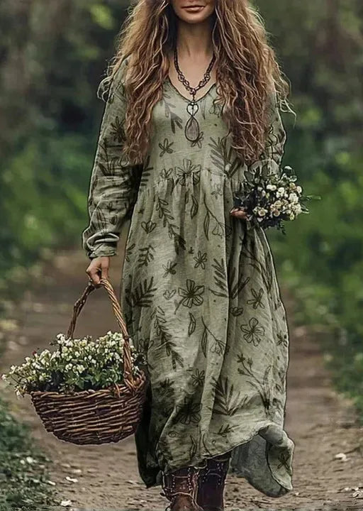 Casual Women’s Vintage Printed Dress - Long Sleeve Loose Swing Dress for Spring & Autumn