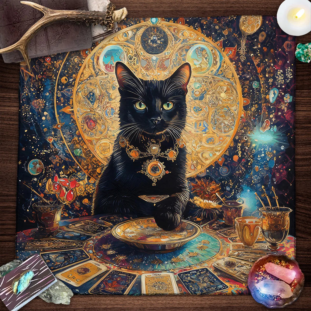 🔮Colorful Mandala Black Cat Altar Cloth – Tarot Tablecloth with Moon & Starry Sky for Witchcraft, Divination & Mystical Home Decor TLB (859)