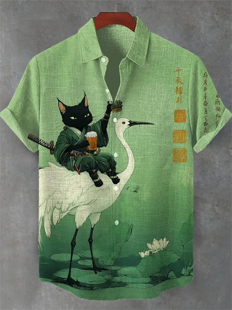 ✨ Emerald Noir Retro-Linen Cat Shirt: Men’s Artistic Dark Green Short Sleeve Top with Vintage Black Cat Graphic & Breathable Heritage Fabric (2026 Edition) JU797