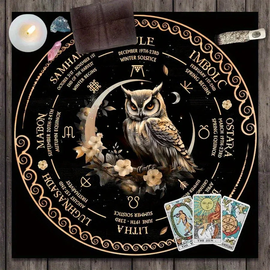 🦉Tarot Tablecloth | Astrology Wheel & Owl Design – Black Boho Witchcraft Dorm Decor with Sun and Moon Symbols