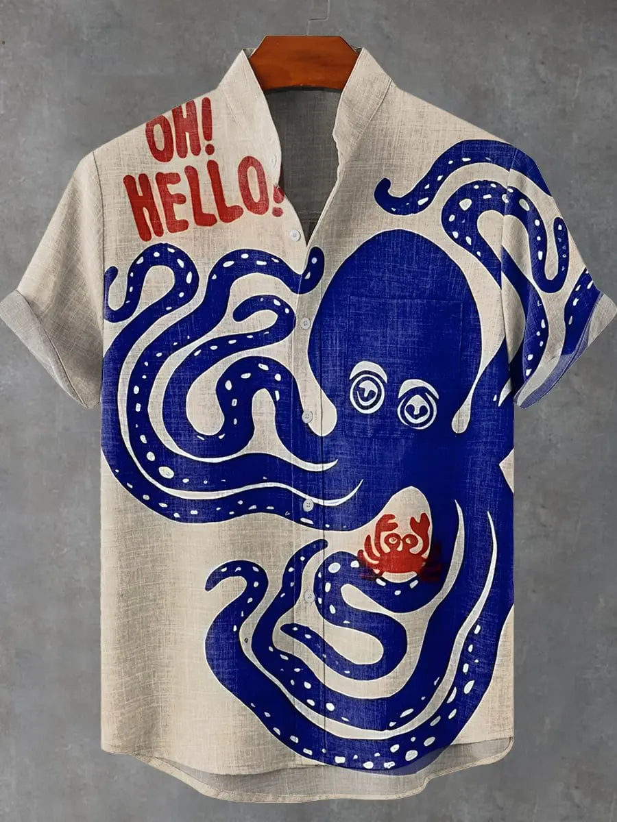 🐙 The Abyssal Kraken Art Edition: Premium Men’s Organic Linen Shirt – High-Definition Deep Sea Giant Octopus Print, Breathable Short-Sleeve Casual Button-Down, and Sophisticated Nautical Graphic Top