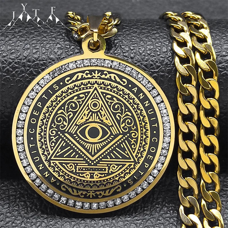 👁️ Eye of Providence Illuminati Pyramid Necklace – Large Crystal Pendant | Men's Hip Hop Style | Stainless Steel Gold Color Chain Accessories