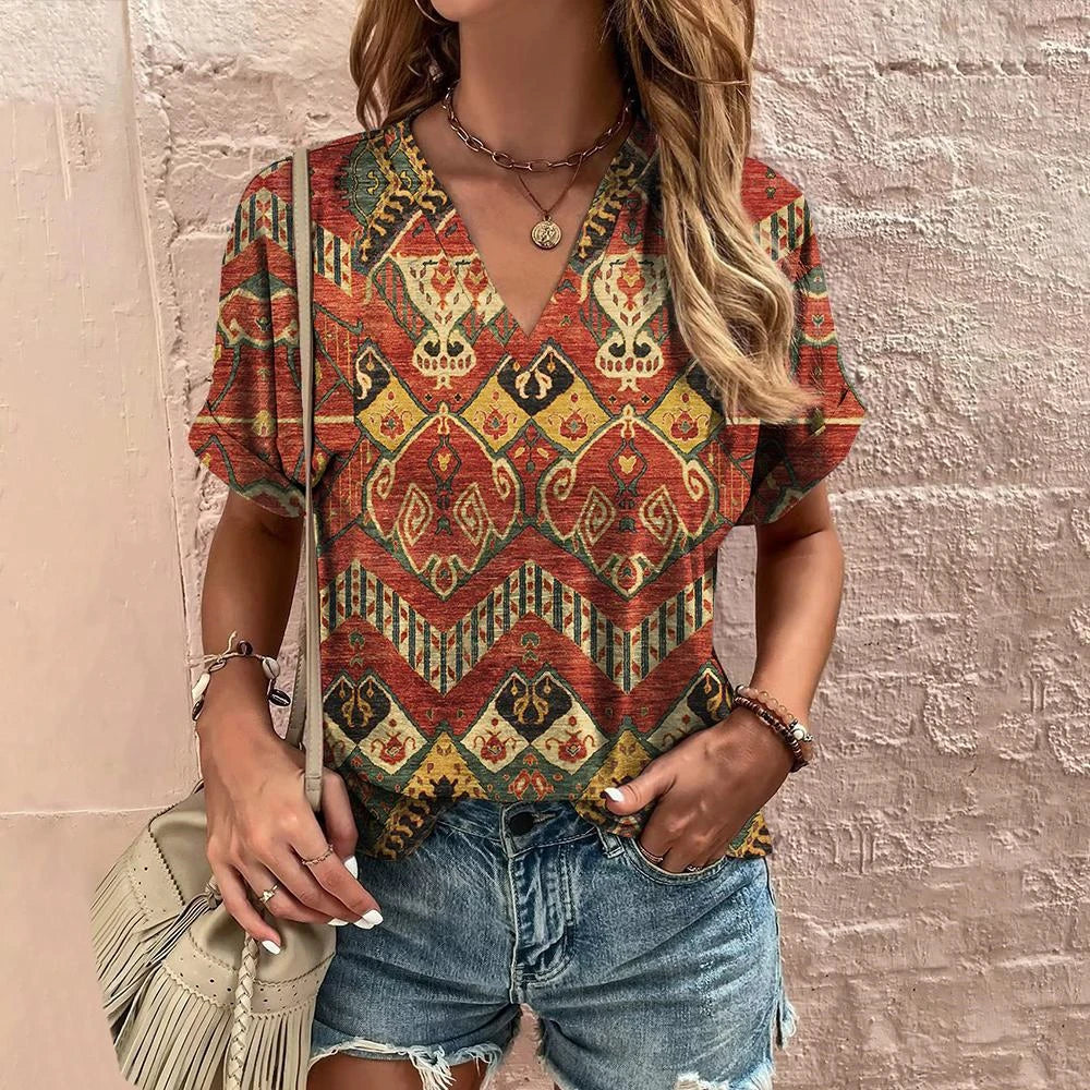 👚 Retro Women’s T-Shirt – Floral Print, Short Sleeve, V-Neck Harajuku Style Casual Blouse