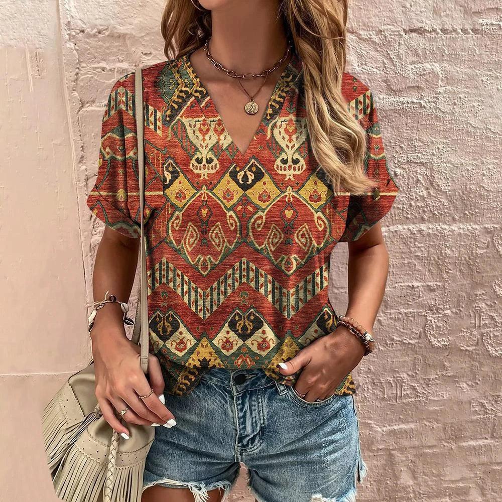 Retro Women’s Floral T-Shirt – Harajuku Style Short Sleeve V-Neck Casual Blouse S56VTX190