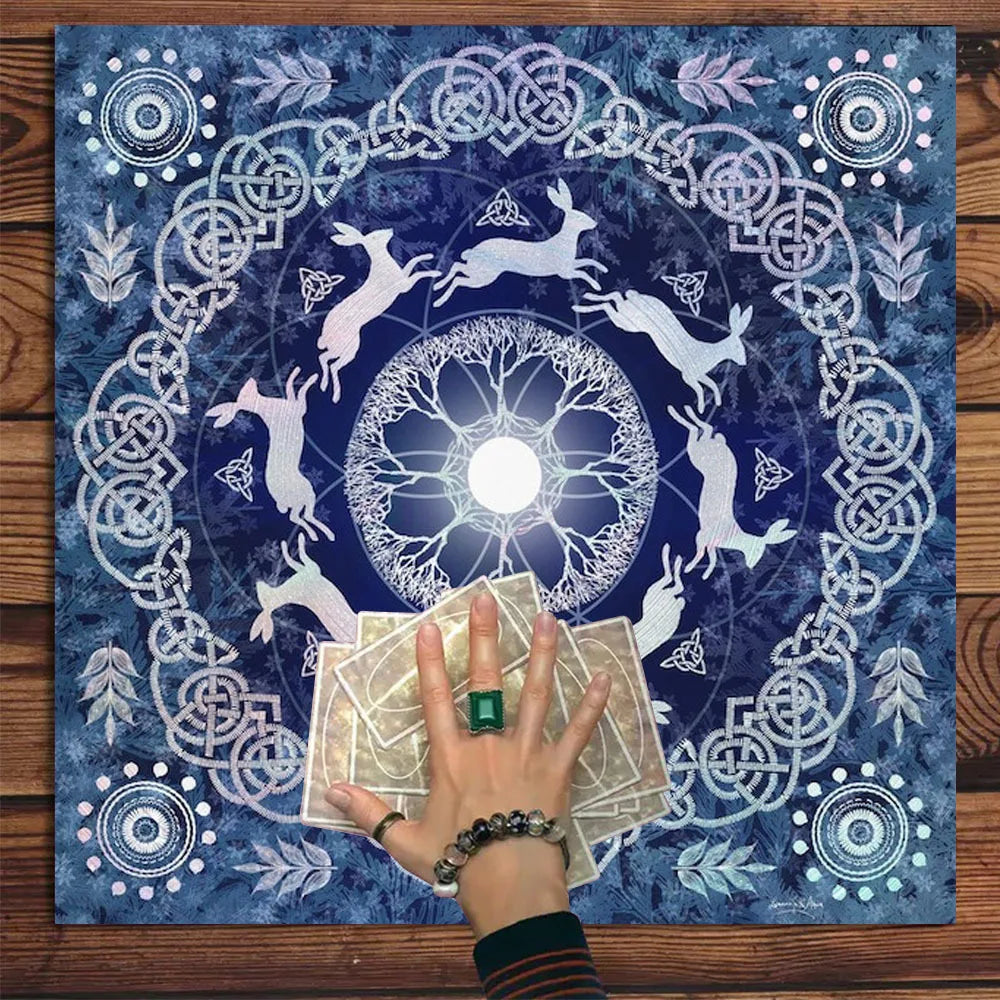 🃏 VIKAMA Celtic Secret Realm Tablecloth – Tree of Life, Moon Rabbit & Elf Altar Cloth for Meditation Rooms, Esoteric Altars & Mystic Home Decor