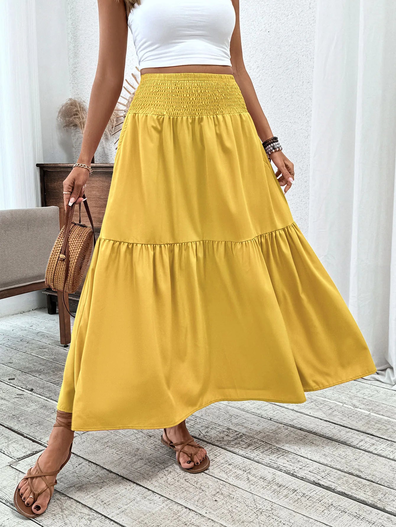 Women Floral Pleated Skirt – Retro High Waist Long Skirt for Stylish Casual Beach Wear Yellow