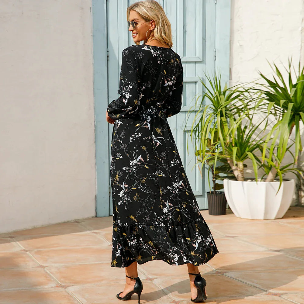 Women’s Bohemian Maxi Dress - Casual Chiffon Dress with Full Sleeves, High Waist, and Floral Print for Spring and Autumn