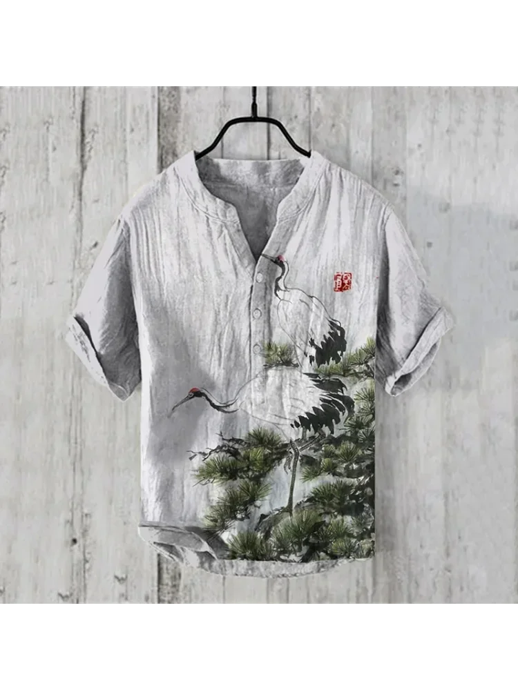 The Bamboo-Zen Anime Edition Premium Unisex Bamboo-Linen V-Neck Shirt - High-Definition Anime Feline Character Print Ultra-Breathable Eco-Fiber Blend Spring Summer Casual Button-Down Apparel Ivory