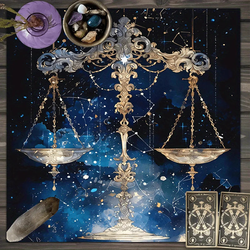 🃏VIKAMA Libra Astrology Tablecloth – Deep Blue Starry Sky Cloth with Gold & Silver Scales for Restaurants, Study Rooms & Zodiac-Themed Decor