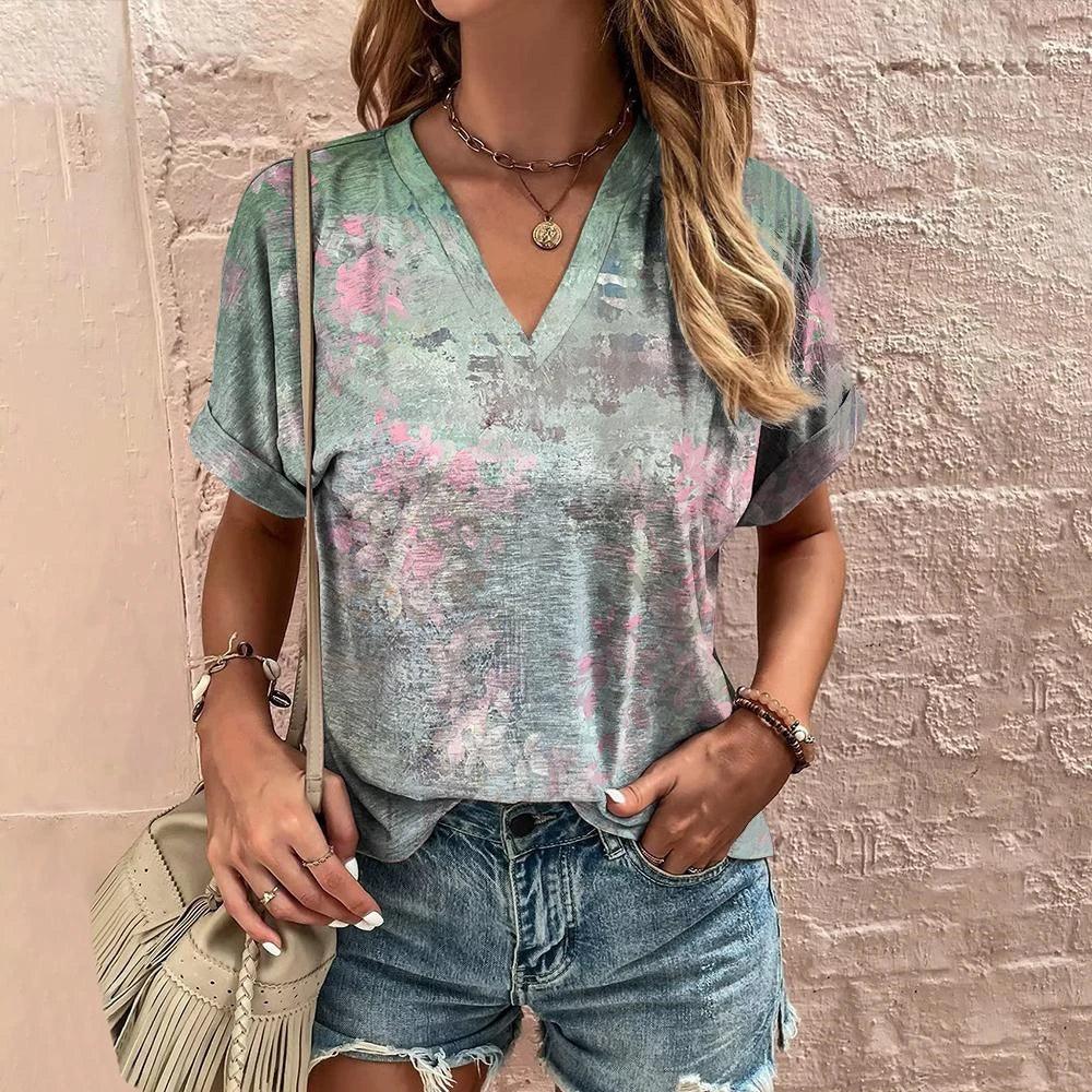 Retro Women’s Floral T-Shirt – Harajuku Style Short Sleeve V-Neck Casual Blouse S56VTX184