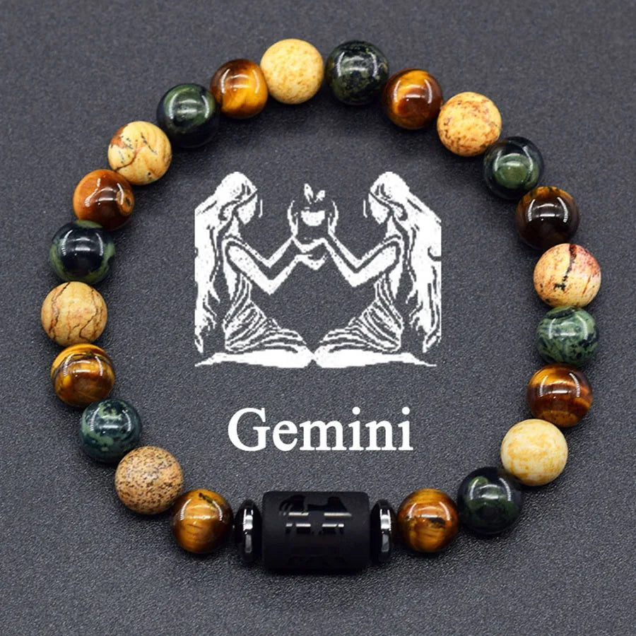 ✨ 12 Zodiac Sign Bracelet Homme – Natural Yellow Tiger Eye Stone & Hematite Constellation Bangle – Cancer, Taurus, Libra Astrology Bracelet for Women 33 Gemini 8 mm Beads