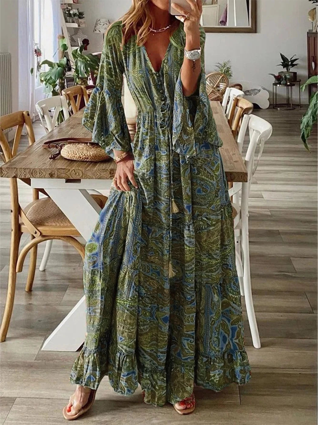 👗 European and American Bohemian Style Flared Sleeve Print V-Neck High Waisted Vacation Dress – Floral Women’s Long Skirt Green