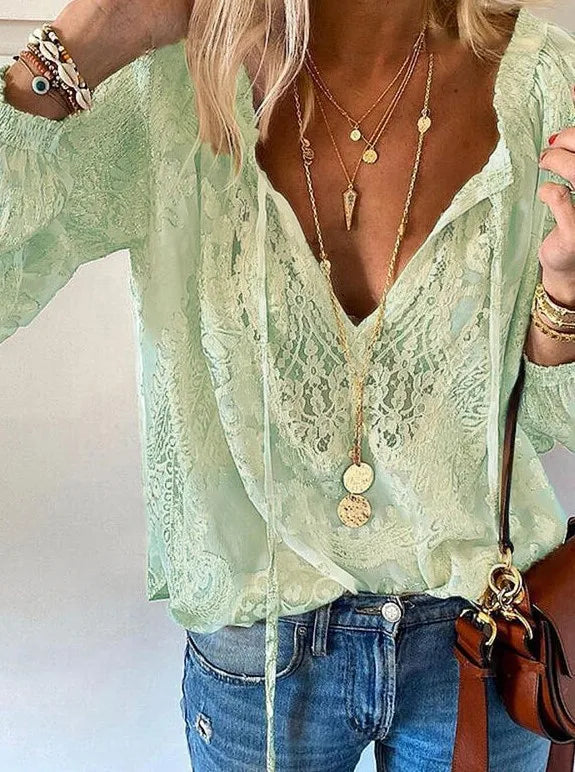 🛍️ 2025 Women’s Boho Lace Hollow Out Deep V Neck Pullover Blouse – Elegant Casual Tops for Spring & Summer