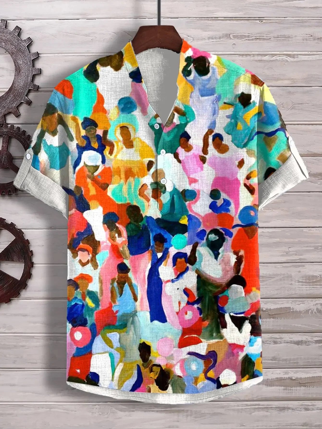 🌊 The Euro-Wave Heritage: Premium Men’s Summer Shirt – High-Definition Euro-American Wave Graphic Print, Modern Mandarin Standing Collar, and Sophisticated Urban-Resort Short-Sleeve Button-Down ZX18