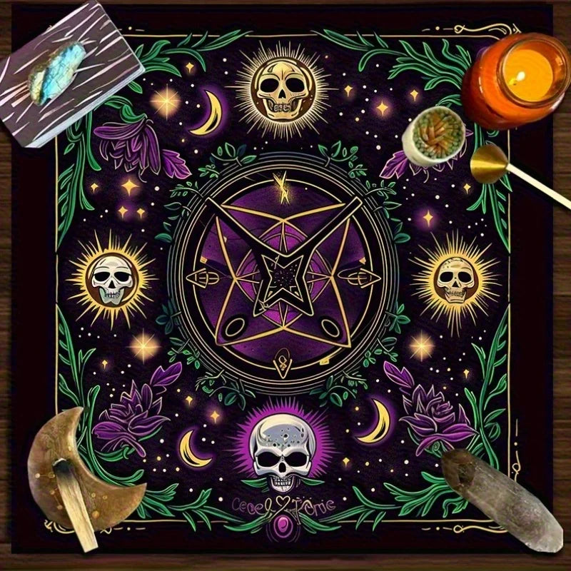 🃏 Purple Skull Array Tarot Tablecloth – Gothic Witchcraft Divination Altar Cloth for Tarot Readings, Occult Events & Dark Party Decor