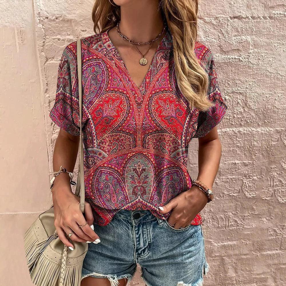 Retro Women’s Floral T-Shirt – Harajuku Style Short Sleeve V-Neck Casual Blouse S56VTX175