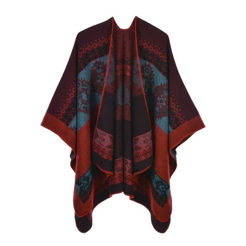 Winter Fashion Poncho Women Capes Scarf Imitation Cashmere Ladies Scarves Warm Shawls Wraps Woman Ponchos Bufanda Mujer Foulard One Size 1rhombic-wine red