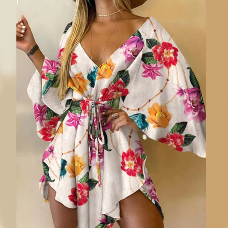 Women’s Bohemian Floral Mini Dress - Sexy V-Neck, Batwing Sleeves & Ruffle Detail Fuchsia