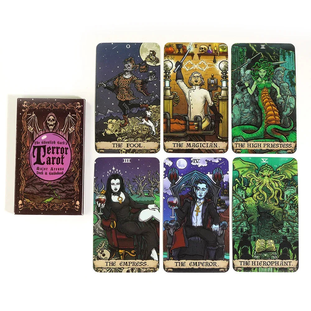 💀 The Ghoulish Garb Terror Tarot Deck – 22 Major Arcana Cards | Gothic Halloween Theme | Vibrant Guidebook | Board Game Edition