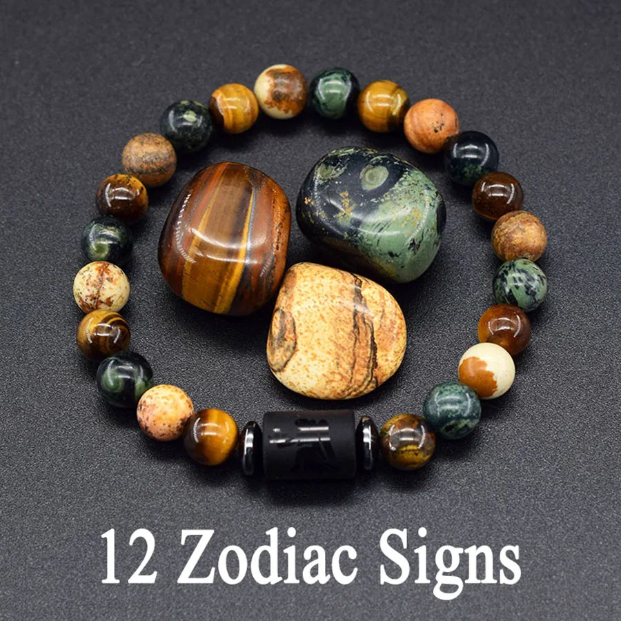 ✨ 12 Zodiac Constellation Sign Bracelet – Real Natural Tiger Eye Stone Bead – Leo & Taurus Charm Couple Jewelry for Men & Women