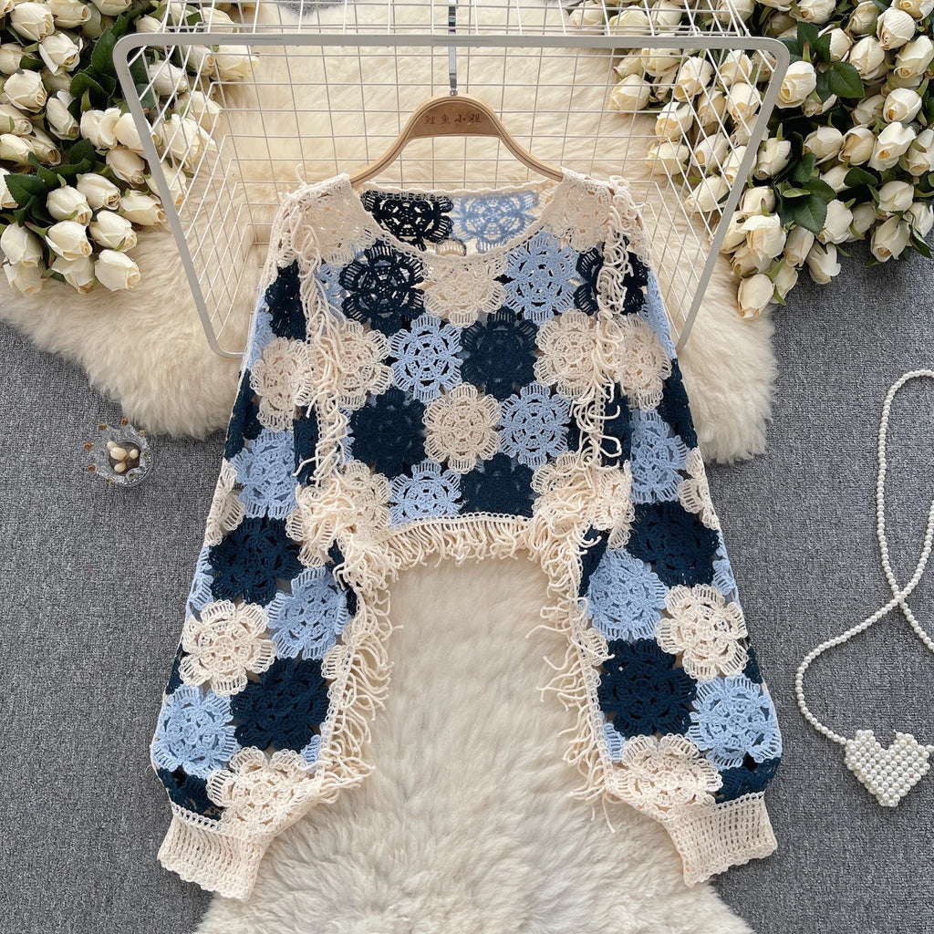 👚 SINGREINY Tassels Knit Hollow Out Top – Hook Flower Design, Long Sleeves, Women’s Streetwear, Chic Bohemian Y2K Vintage Loose Blouse