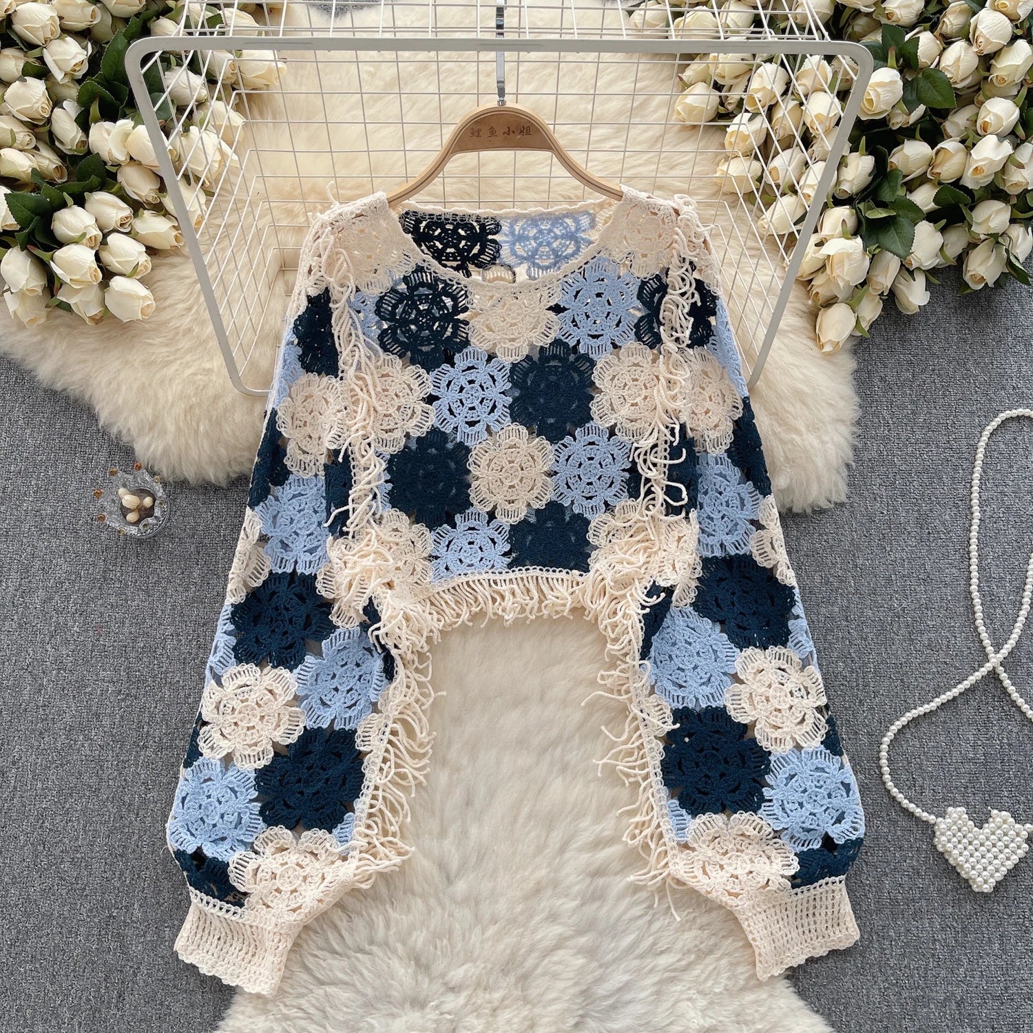 SINGREINY Bohemian Hollow Out Top - Tassels Knit Long Sleeve Blouse with Hook Flower Design for Vintage Y2K Chic Streetwear