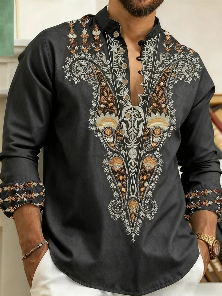 🎨 The Ethnic Floral Artisan: Premium Men’s Modern Long-Sleeve Shirt – High-Definition Tribal Botanical Graphic Print, Sophisticated Modern-Fit Tailoring, and Breathable All-Season Casual Button-Down