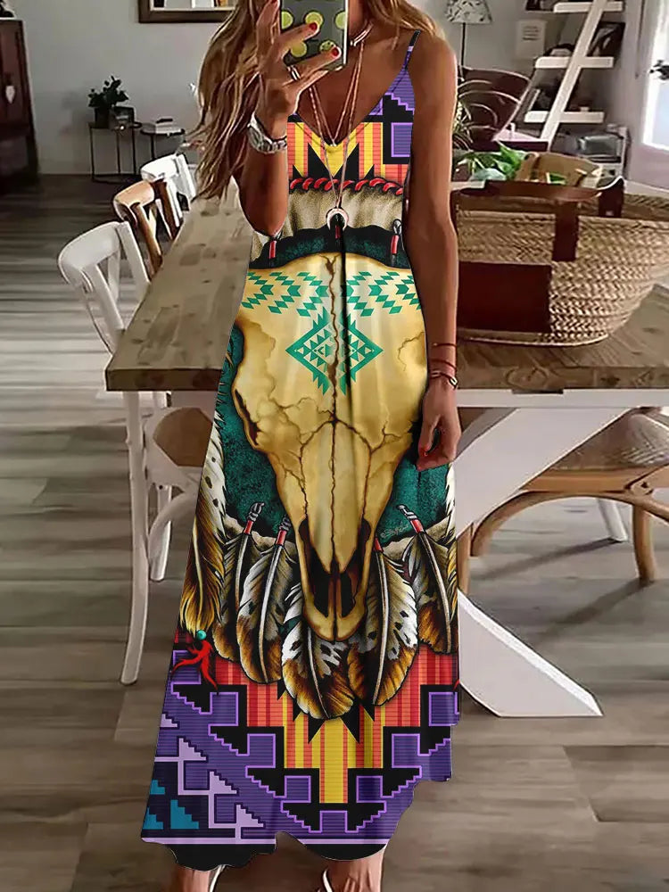 2024 New 3D Owl Vintage Print Dress for Women – Sleeveless Long Tribal Pattern Spaghetti Strap Summer Vest Dress BDQLTH24874554