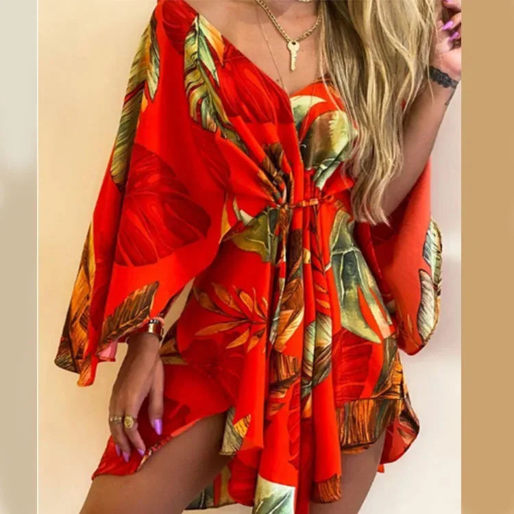 Women’s Bohemian Floral Mini Dress - Sexy V-Neck, Batwing Sleeves & Ruffle Detail Red