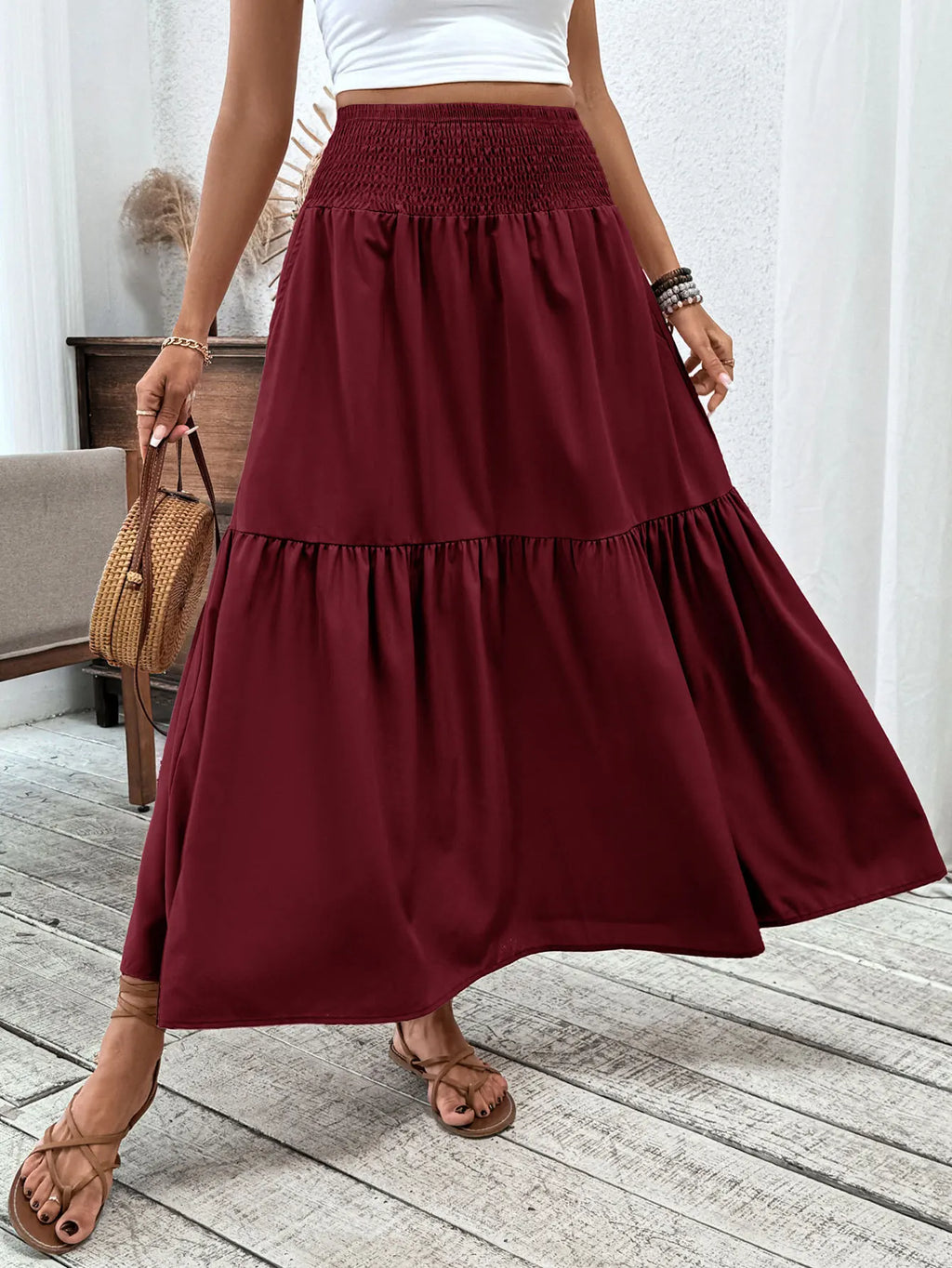 🌟 Women New Classic Printed Skirt Retro High Waist Long Skirt Casual Stylish Loose Beach Skirt Elegant Ladies Floral Pleated Skirt﻿
